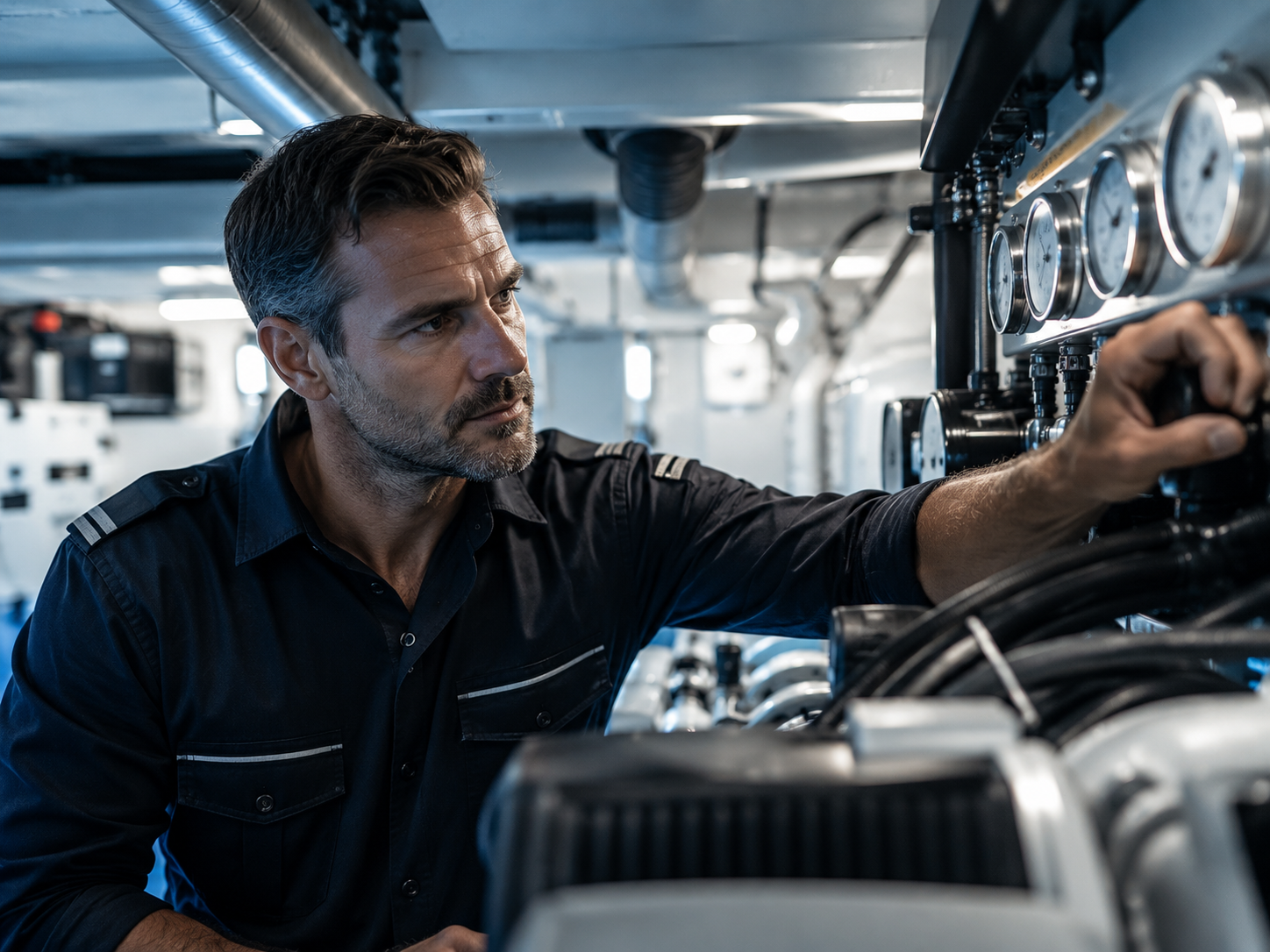 Engineer working in a yacht engine room